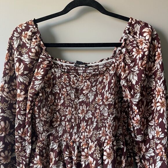 American Eagle Women Top XS Brown Floral Cropped Boho Smocked Peplum Peasant - Picture 2 of 11